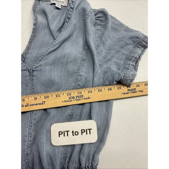 Evereve Chambray Denim short Romper jumpsuit Size L Western Boho v-neck lyocell - Picture 11 of 13